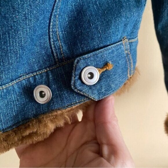 Y2K 725 Denim Jacket Faux Fur Lined Cropped Blue Trucker Cozy Vintage - Picture 8 of 14